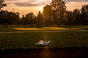 A medical mask sits on the field at Roosevelt High School while players continue with practice in Wyandotte, on Tuesday Aug. 11, 2020.  On Friday, Aug. 14, 2020 the Michigan High School Athletic Association (MHSAA) announced it was postponing football to the spring. 
