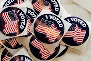 “I Voted” stickers on Tuesday, Feb. 27, 2024, in Comstock, MI.