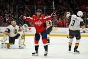 Washington Capitals left wing Jakub Vrana celebrates his goal against Vegas Golden Knights goaltender Adin Hill last week. (AP Photo/John McDonnell)