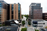 South University Avenue including student-oriented high rise apartments Vic Village South, left, and Vic Village North, in Ann Arbor on Tuesday, Oct. 1, 2024.