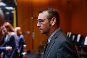 FILE - James Crumbley enters the Oakland County Courtroom of Cheryl Matthews during his trial, March 13, 2024, in Pontiac, Mich. In a court filing Wednesday, April 3, prosecutors in Michigan recommended at least 10 years in prison for Jennifer and James Crumbley, two parents who are the first in the U.S. to be held criminally responsible for a school shooting, when they're sentenced Tuesday, April 9. (Mandi Wright/Detroit Free Press via AP, Pool, File)