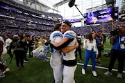 Detroit Lions wide receiver Amon-Ra St. Brown, right, celebrates with place kicker Jake Bates, left, after winning 31-29 against the Minnesota Vikings following an NFL football game Sunday, Oct. 20, 2024 in Minneapolis. (AP Photo/Stacy Bengs)