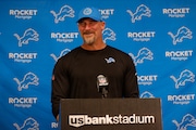 Detroit Lions head coach Dan Campbell speaks to the media after an NFL football game against the Minnesota Vikings, Sunday, Oct. 20, 2024, in Minneapolis. (AP Photo/Bruce Kluckhohn)
