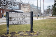 "City Hall of City of Muskegon" sign outside Muskegon City Hall in downtown Muskegon, Michigan on Tuesday, March 24, 2020. 