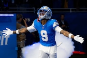 Detroit Lions wide receiver Jameson Williams (9) embraces the crowd during an NFL football game at Ford Field on Sunday, Sept. 15, 2024, in Detroit, Michigan. The Detroit Lions lost to the Tampa Bay Buccaneers 20-16.