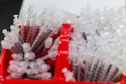 Empty syringes wait to be filled with the Pfizer-BioNTech COVID-19 vaccine at the Kalamazoo Expo Center in Kalamazoo, Michigan on Wednesday, May 5, 2021. (Joel Bissell | MLive.com) 
