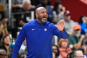 Detroit Pistons head coach J.B. Bickerstaff yells instructions to his team as they played against the Milwaukee Bucks during the first half of a preseason NBA basketball game, Sunday, Oct. 6, 2024, in Detroit. (AP Photo/Jose Juarez) AP