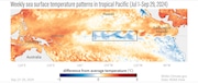Colder water starting to show on the ocean surface along the equator in the Pacific.