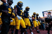 The Michigan Wolverines football team is introduced before Michigan hosts Fresno State at Michigan Stadium in Ann Arbor on Saturday, Aug. 31, 2024.
