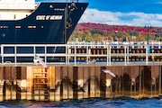 The water line on the Great Lakes Maritime Pier on West Grand Traverse Bay in Traverse City, MI shows the falling water levels. (Photo provided by John Robert Williams)