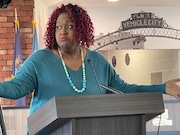 Flint City Council President Ladel Lewis speaks at a news conference on Thursday, Oct. 24, at Flint City Hall.
