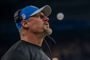 Head Coach Dan Campbell looks at the score at second quarter during the Thanksgiving game between the Detroit Lions and the Green Bay Packers at Ford Field in Detroit, Michigan, on Thursday, November 23, 2023. 

