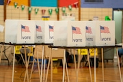 Voting booths set up during an election for Flint’s new City Council member at Freeman Elementary School, voting precinct 27, 28, and 29, on Tuesday, May 7, 2024. 