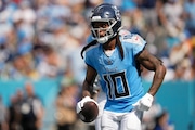 Tennessee Titans wide receiver DeAndre Hopkins (10) plays during the second half of an NFL football game against the Green Bay Packers Sunday, Sept. 22, 2024, in Nashville, Tenn. (AP Photo/George Walker IV)