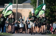 The Lumen Christi band takes the field during a high school football game at Lumen Christi High School on Thursday, August 29, 2024. Lumen Christi won the game over Michigan Center.