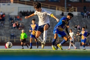 Powers Catholic’s Leo Stravato (3) plays against Imlay City’s Nery Gasper (7) during a boys soccer game, Wednesday, Oct. 23, 2024, at Atwood Stadium, 701 University Ave, Flint. 