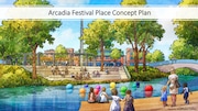 Illustration of an updated footbridge and interaction with the water included in proposed changes to Arcadia Creek Festival Site in Downtown Kalamazoo.  Illustrations by JJ Zanetta.